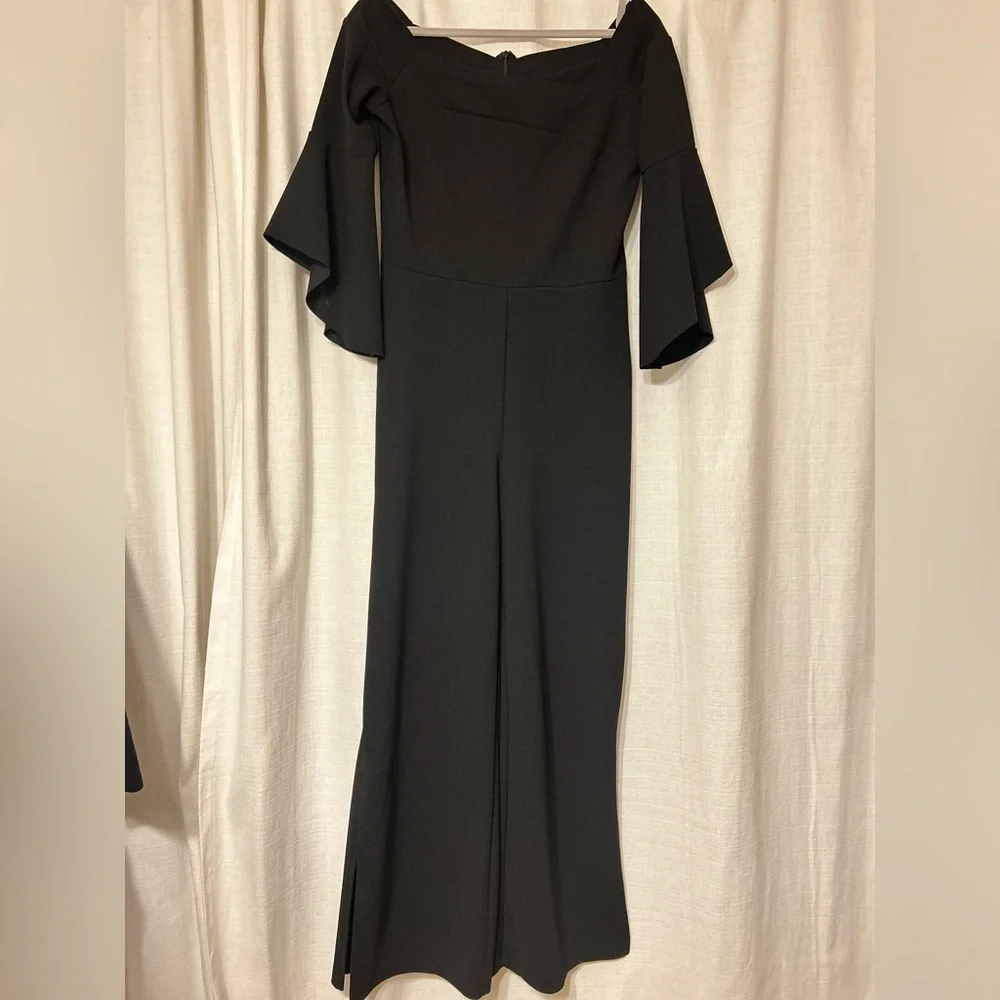 bebe Black‎ Off-Shoulder Wide-Leg Jumpsuit with Fluted Sleeves